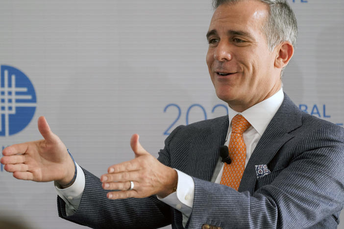 Eric Garcetti, mayor of Los Angeles, attends a panel discussion during the Milken Institute Global Conference in Beverly Hills in October. Garcetti recently tested positive for COVID-19 while attending the U.N. climate summit, COP26.
