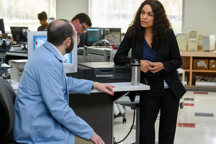 Hulu's limited series<strong> </strong>is based in part on material from the nonfiction book <em>Dopesick</em> by journalist Beth Macy, who has written extensively about the opioid crisis. Rosario Dawson stars as Bridget Meyer.