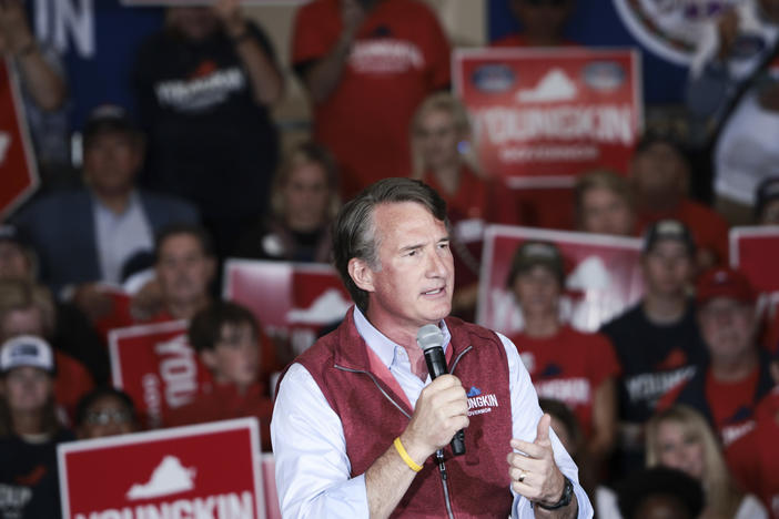 Virginia Republican gubernatorial candidate Glenn Youngkin speaks at a campaign rally at the Chesterfield County Airport on Monday.