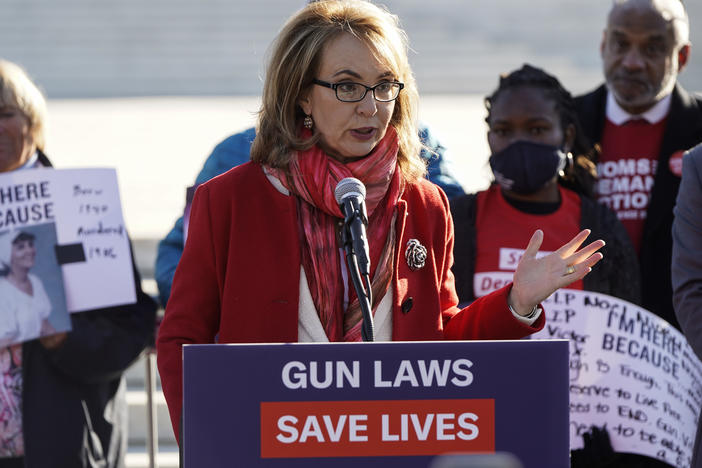 Former Arizona congresswoman and shooting survivor Gabby Giffords speaks during a demonstration with victims of gun violence in front of the Supreme Court as arguments begin in a major case on gun rights on November 3, 2021 in Washington, DC.