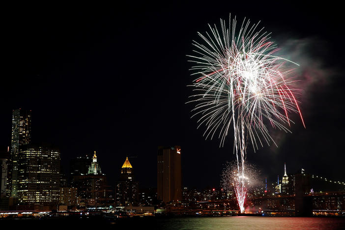 Fireworks celebrating Diwali explode over the Manhattan skyline in October 2014 in New York City. Now, in 2021 for the first time, the World Trade Center will be lit with a digital mural in celebration of the festival of lights.