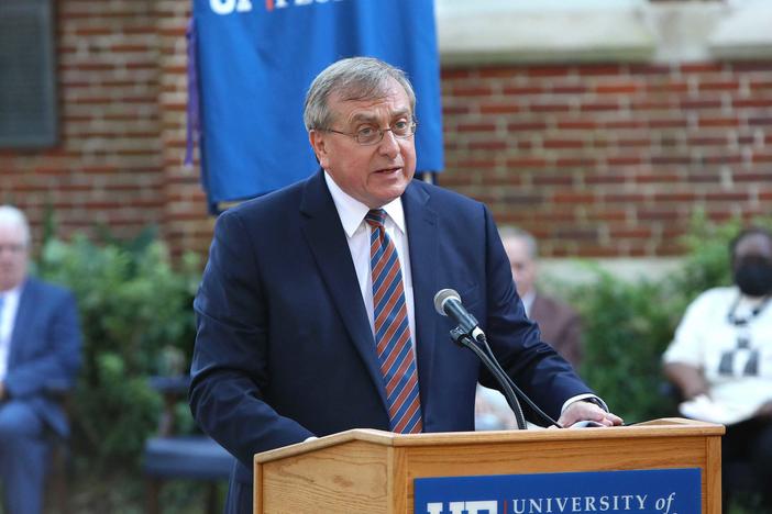 Kent Fuchs, the president of the University of Florida, delivers comments during a ceremony in Gainesville, Fla., on Sept. 15.