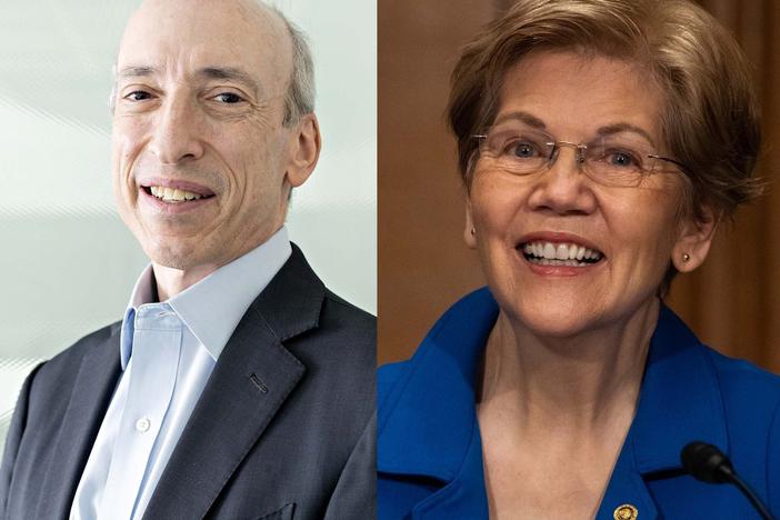 From left to right: Sen. Cynthia Lummis, R-Wyoming; Securities and Exchange Commission Chairman Gary Gensler; and Sen. Elizabeth Warren, D-Mass. All three are likely to play important roles as the country starts to shape regulations for cryptocurrencies such as Bitcoin.