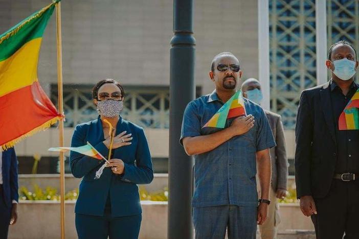 Ethiopian Prime Minister Abiy Ahmed and his wife Zinash Tayachew take part in a memorial service for the victims of the Tigray conflict organized by the city administration, in Addis Ababa, Ethiopia, on Wednesday.