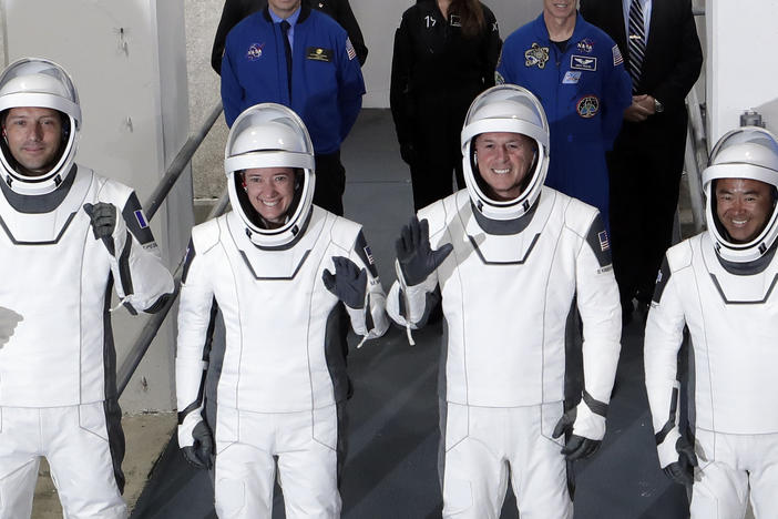 The Crew Dragon space capsule astronauts, from front left, European Space Agency astronaut Thomas Pesquet, NASA astronaut Megan McArthur, NASA astronaut Shane Kimbrough and Japan Aerospace Exploration Agency astronaut Akihiko Hoshide.