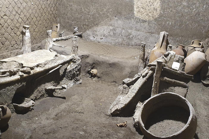 A view of the latest finding in Pompeii, Italy. Archeologists, excavating a villa amid the ruins of the 79 A.D. volcanic eruption, have discovered a room that served as both a dormitory and storage area.