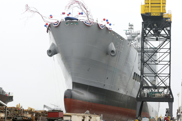 The U.S. Navy launches the USNS Harvey Milk in San Diego, Saturday, Nov. 6, 2021.