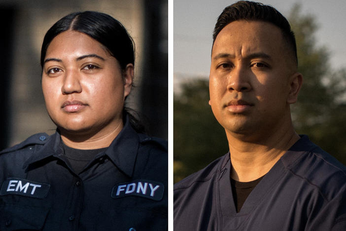 Left to right: Filipino American health care workers Karen Cantor, Karen Shoker, and John Paul Atienza were among many who cared for COVID patients in the early days of the pandemic.