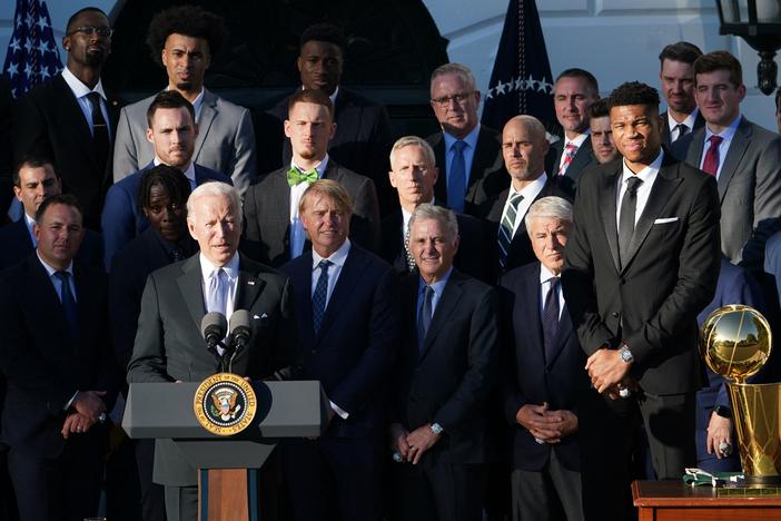 President Biden welcomed the Milwaukee Bucks to the White House, the first NBA champions to visit there in five years.