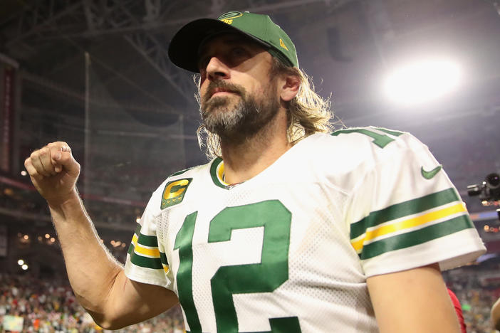 Aaron Rodgers walks off the field following in Glendale, Arizona on Oct. 28. Rodgers missed the Packers' 13-7 loss to the Chiefs on Sunday after being placed on the league's reserve/COVID-19 list.