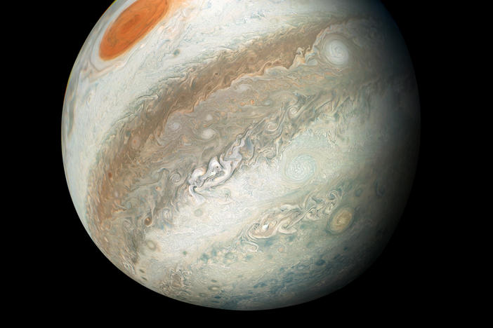 This new perspective of Jupiter from the south makes the Great Red Spot appear as though it is in northern territory. This view is unique to Juno.