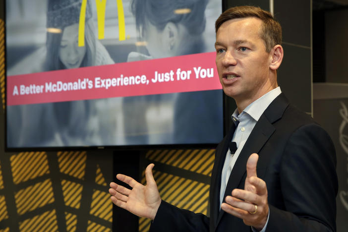 In this Nov. 17, 2016 photo, Chris Kempczinski, then-incoming president of McDonald's USA, speaks at a McDonald's restaurant in New York's Tribeca neighborhood. Kempczinski is under fire for comments he made in a text message to the Chicago mayor.