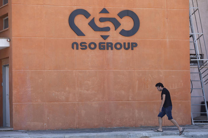 A logo adorns a wall on a branch of the Israeli NSO Group company, near the southern Israeli town of Sapir. The cellphones of six Palestinian human rights activists were infected with spyware from the notorious Israeli hacker-for-hire company as early as July 2020. It was the first time the military-grade Pegasus spyware was known to have been used against Palestinian civil society activists.