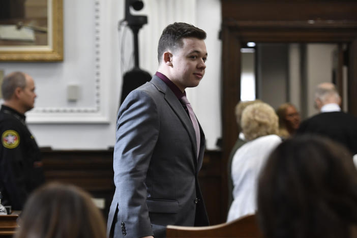 Kyle Rittenhouse returns to the courtroom after a break during his trial at the Kenosha County Courthouse on November 9, 2021 in Kenosha, Wisconsin.