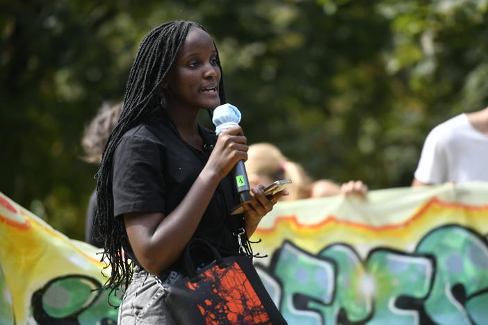 Vanessa Nakate speaks during the climate strike march on October 1, 2021 in Milan, Italy.