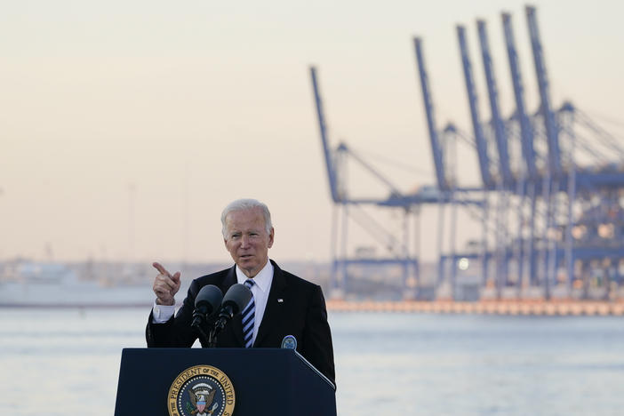 President Biden speaks during a visit to the Port of Baltimore on Nov. 10. He has said the United States needs to invest in infrastructure to help catch up to China.