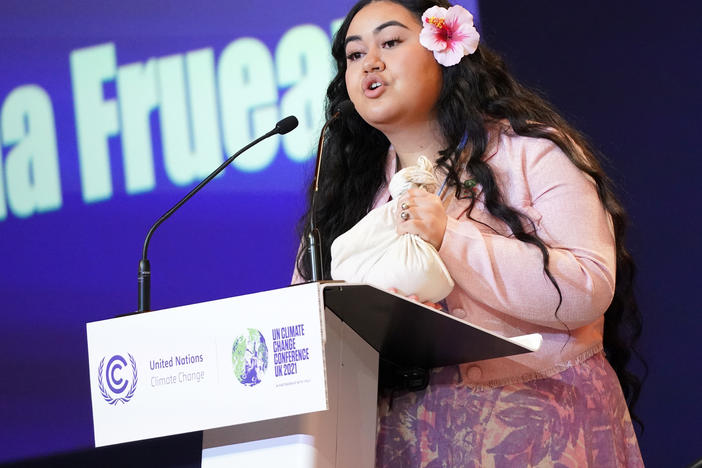 Brianna Fruean, a Samoan member of the Pacific Climate Warriors, speaks at the COP26 climate summit in Glasgow, Scotland, on Tuesday.