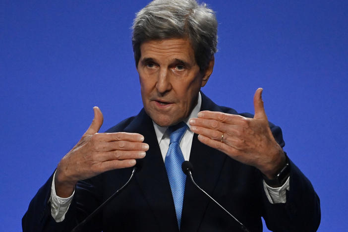 U.S. climate envoy John Kerry speaks at the COP26 summit during a joint U.S.-China statement on a declaration enhancing climate action.