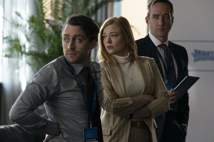 Roman (Kieran Culkin), Shiv (Sarah Snook) and Tom (Matthew Macfadyen) are all on tenterhooks at the shareholders' meeting.