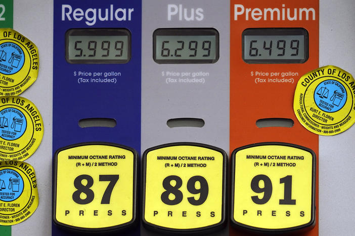 High gas prices are posted at a gas station in Beverly Hills, Calif., on Nov. 7. Gas prices are surging across the country yet there's effectively little the Biden administration can do.