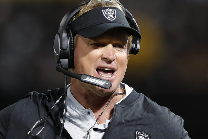 Jon Gruden, pictured in 2018, is suing the NFL and Commissioner Roger Goodell.