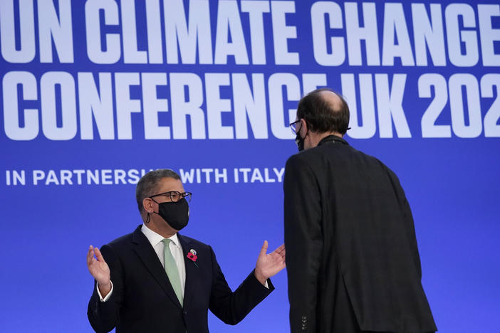 Alok Sharma (left), president of the COP26 summit, attends a stocktaking plenary session in Glasgow, Scotland, on Saturday.