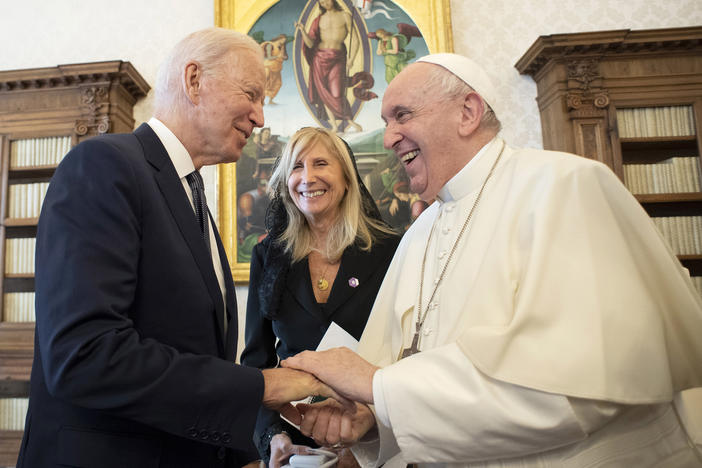 Pope Francis meets with President Biden during an audience at the Apostolic Palace on Oct. 29 in Vatican City. The pope is urging action against climate change.
