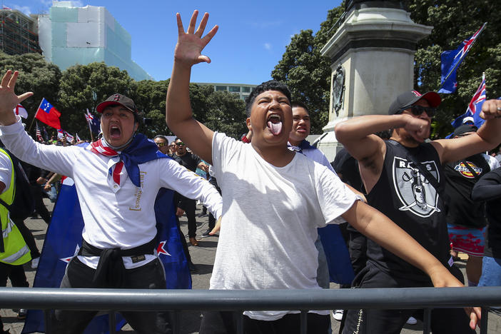 Vaccine mandate protestors perform a haka last week in Wellington, New Zealand.