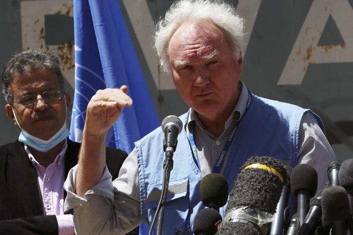 Matthias Schmale, serving as director of operations in Gaza for UNRWA, speaks during a news conference in front of the agency's headquarters in Gaza City, in May.