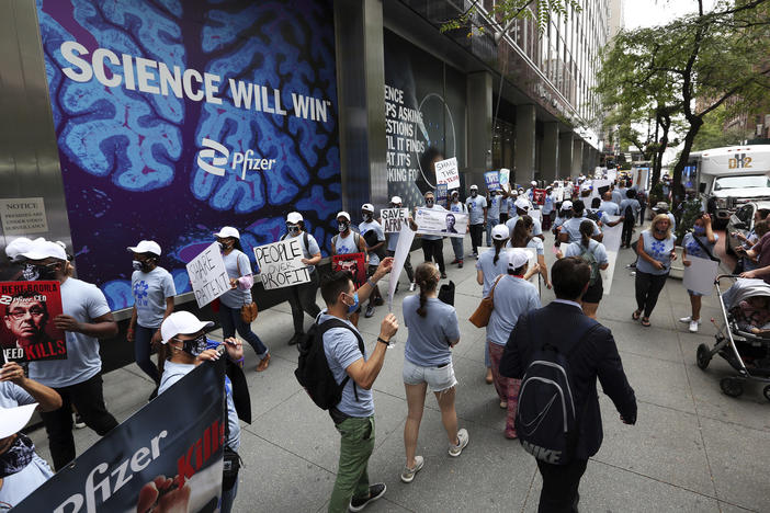 Pfizer's agreement with a U.N. group to let other companies produce its new antiviral pill as a generic drug is meeting with a mixed reaction. In late summer, protesters at Pfizer's world headquarters in New York urged the drugmaker to broadly share the patent for its COVID-19 vaccine.