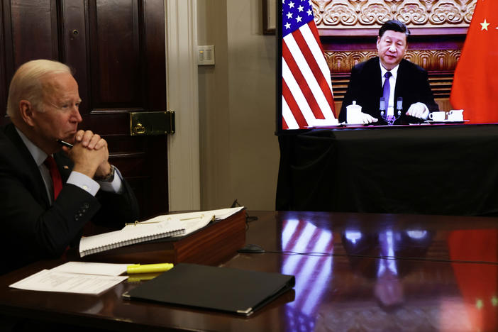 President Biden participates in a virtual meeting with Chinese President Xi Jinping at the Roosevelt Room of the White House Monday.