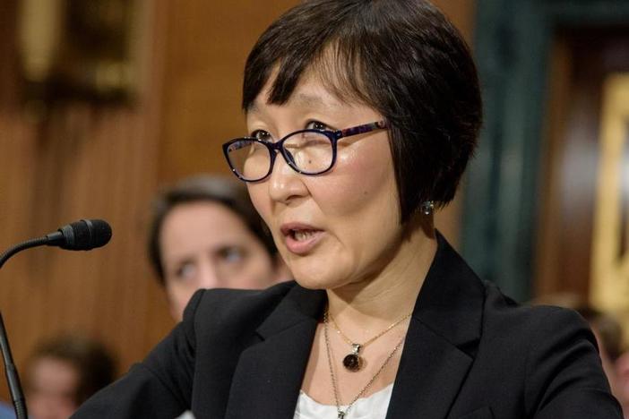 Cornell University Professor Saule Omarova testifying on fintech at a hearing organized by the Senate Banking committee on Sept. 18, 2018. Today, Omarova is President Biden's nominee to head the agency that oversees the majority of the assets held by the country's banks, and she will appear in front of the same Senate committee for her confirmation hearing on Thursday.