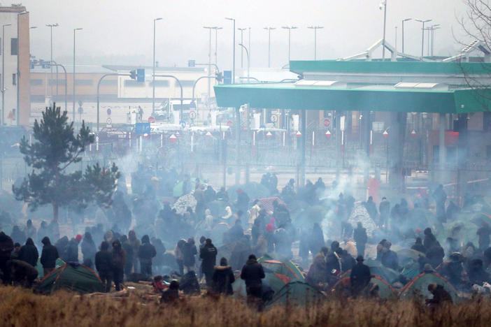 Migrants stay in a tent camp near the Bruzgi checkpoint on the Polish border, on Wednesday.