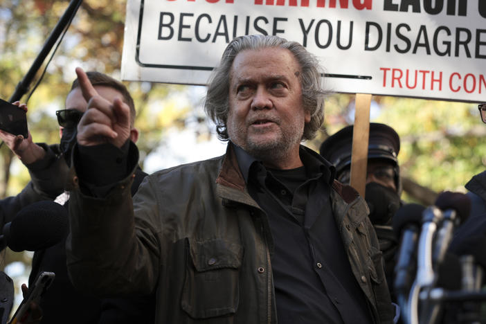 Steve Bannon speaks to reporters outside of the federal district courthouse in Washington, D.C., on Monday. Bannon was indicted last week on two counts of contempt of Congress.