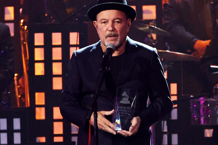 Rubén Blades accepts the Best Salsa Album award on stage during the 22nd Annual Latin Grammy Awards at MGM Grand Garden Arena Thursday in Las Vegas.