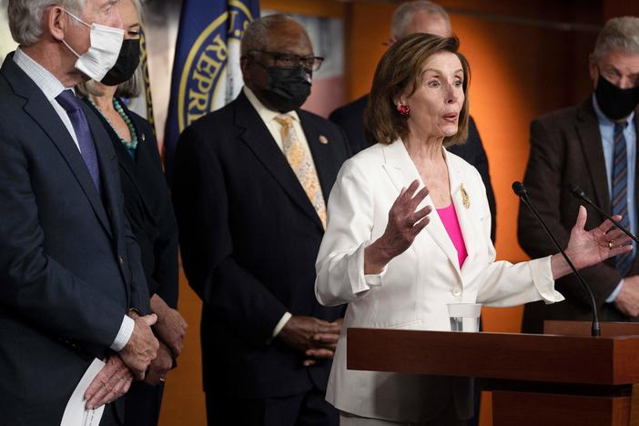 House Speaker Nancy Pelosi, D-Calif., speaks during a Friday news conference with other Democratic leaders after House passage of the Build Back Better Act.