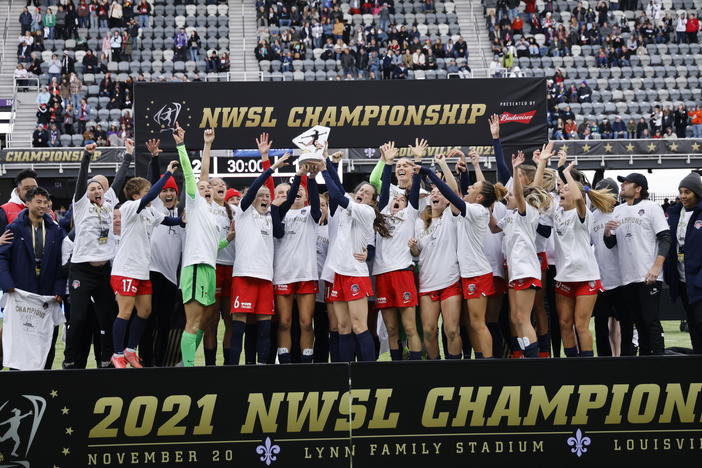 The Washington Spirit celebrates defeating the Chicago Red Stars after the NWSL Championship held at Lynn Family Stadium on Saturday in Louisville, Ky.
