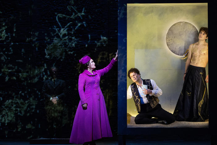 Erin Morley (Eurydice), Joshua Hopkins (Orpheus) and Jakub Józef Orliński (Orpheus's Double) in Matthew Aucoin's Eurydice, at the Metropolitan Opera.