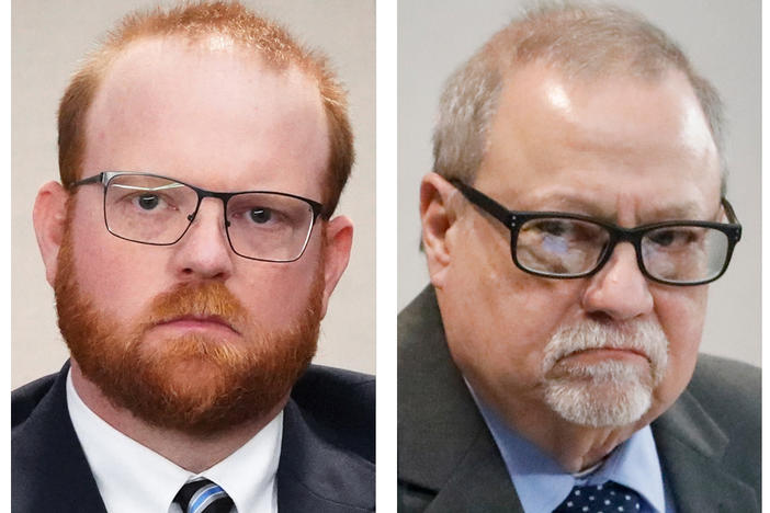 Travis McMichael (from left); his father, Gregory McMichael; and William "Roddie" Bryan have been on trial over the killing of Ahmaud Arbery, a Black man who was fatally shot while out for a run last year in Georgia.