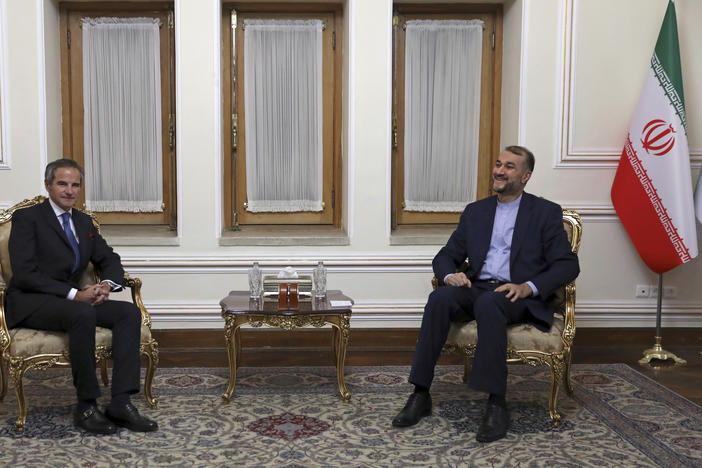 Head of the International Atomic Energy Agency Rafael Mariano Grossi, left, and Iranian Foreign Minister Hossein Amirabdollahian pictured meeting in Tehran, on Tuesday. Grossi pressed for greater access in the Islamic Republic ahead of diplomatic talks restarting over Tehran's tattered nuclear deal with world powers.