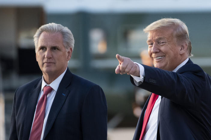 Republicans often present a united front, but loyalty to former President Donald Trump, seen here with House GOP Leader Kevin McCarthy, and views about his future in the party are showing some divisions.