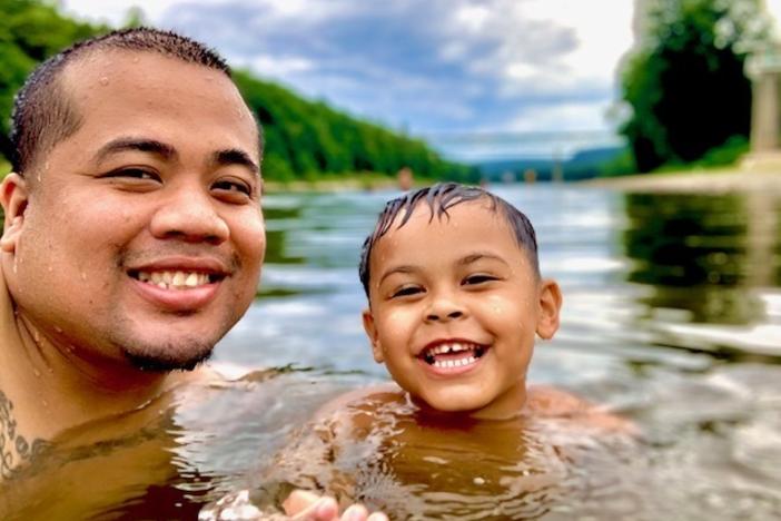 Vezna Hang and his son. Hang fell so ill with COVID-19 before being vaccinated that he needed a double lung transplant. He now encourages other people to get the shot.