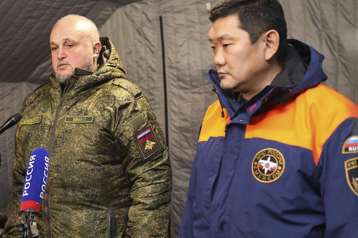 Kemerovo Governor Sergei Tsivilyov (center) speaks to the media in the Listvyazhnaya mine building, near Belovo, in the Kemerovo region of southwestern Siberia, Russia, Friday. A devastating explosion in the Siberian coal mine Thursday left dozens of miners and rescuers dead.