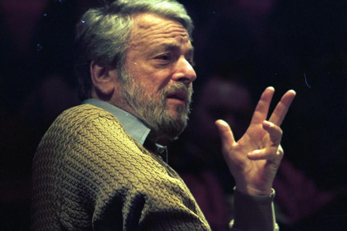 Stephen Sondheim onstage during an event at the Fairchild Theater in East Lansing, Mich., in 1997.