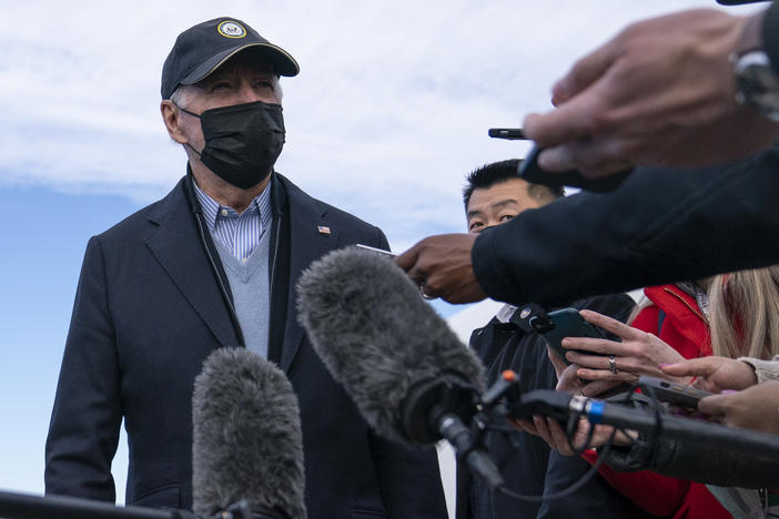 President Biden speaks to media as he arrives on Air Force One at Andrews Air Force Base, Md.,  on Sunday after returning from Nantucket, Mass., after spending the Thanksgiving holiday there.