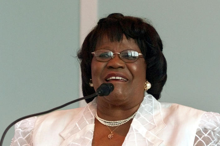 Rep. Carrie Meek, D-Fla., pictured here speaking during services at Mt. Tabor Missionary Baptist Church in Miami, in 2002.