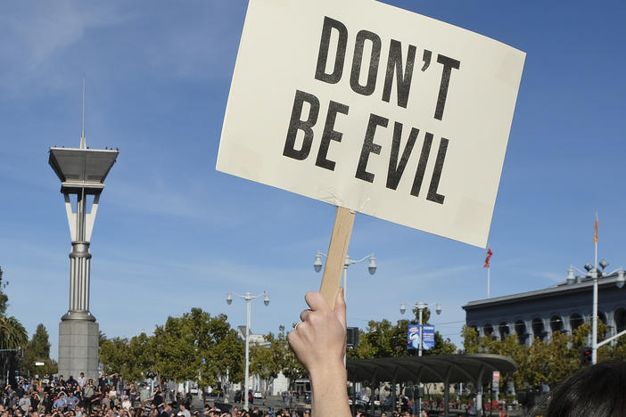 Google employees fill Harry Bridges Plaza in front of the Ferry Building during a walkout Thursday, Nov. 1, 2018, in San Francisco.