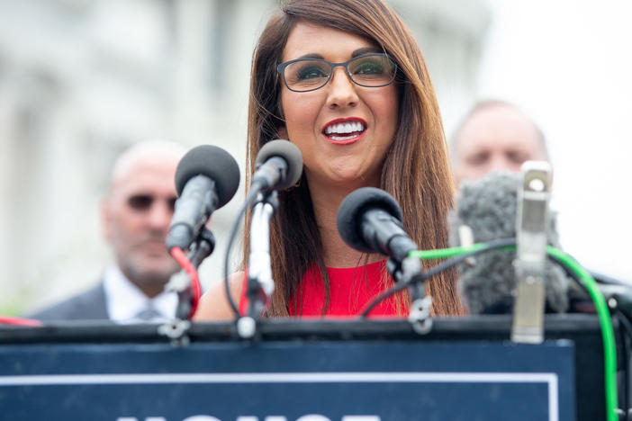 Rep. Lauren Boebert, R-Colo., speaks during a news conference outside the Capitol in August.