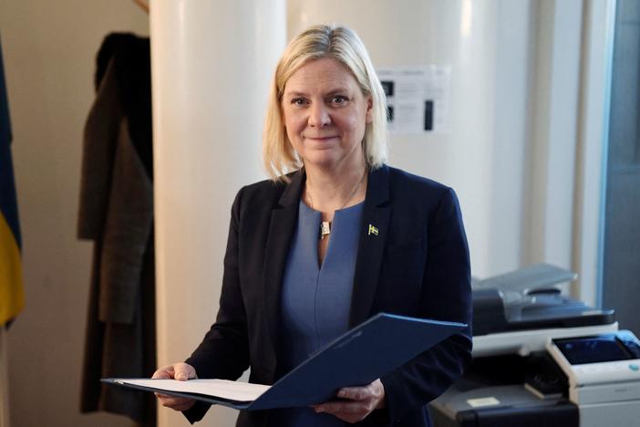 Social Democratic Party leader Magdalena Andersson poses during a news conference after being appointed as Sweden's first female prime minister at the Swedish parliament in Stockholm on Wednesday. She resigned hours later but was reelected on Monday.