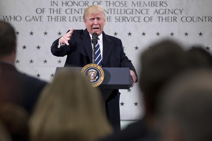 Former President Donald Trump spoke at CIA headquarters in Langley, Va., on his first full day in office, Jan. 21, 2017. But he had difficult relations with the intelligence community throughout his presidency.